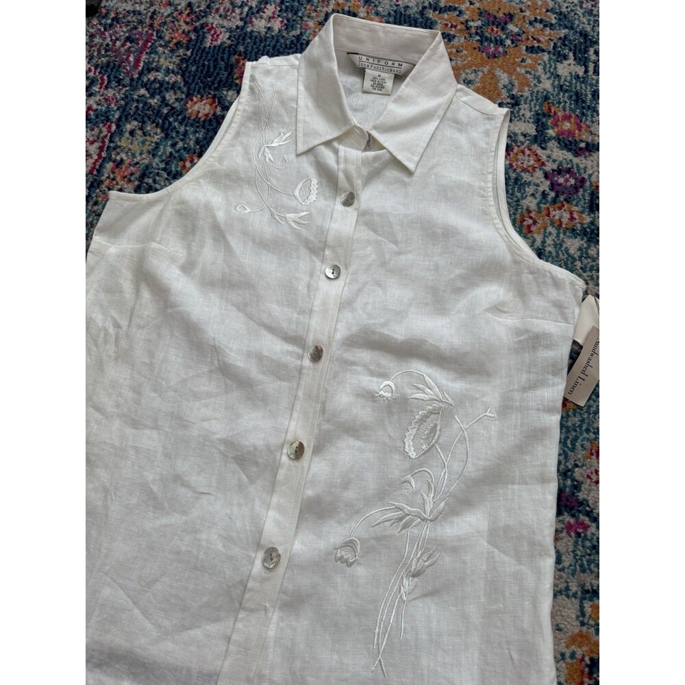 VTG‎ Uniform John Paul Richard Sandwashed LINEN Sleeveless Blouse Embroidered -M - Picture 7 of 7